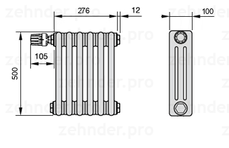 Схема (чертеж) Радиатор Zehnder Charleston 3050/6 №V012 Белый глянцевый RAL 9016